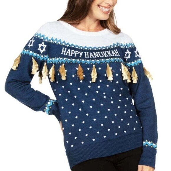 Womens Small Happy Hanukkah Gold Tassel Pullover Holiday Sweater Tipsy Elves - Picture 1 of 4